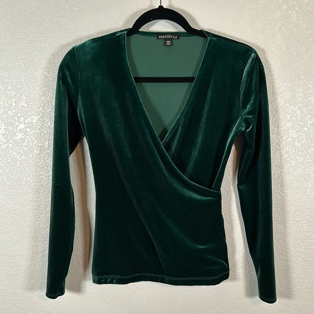 J. Crew Emerald Green Velvet Faux Wrap Blouse Size XXS